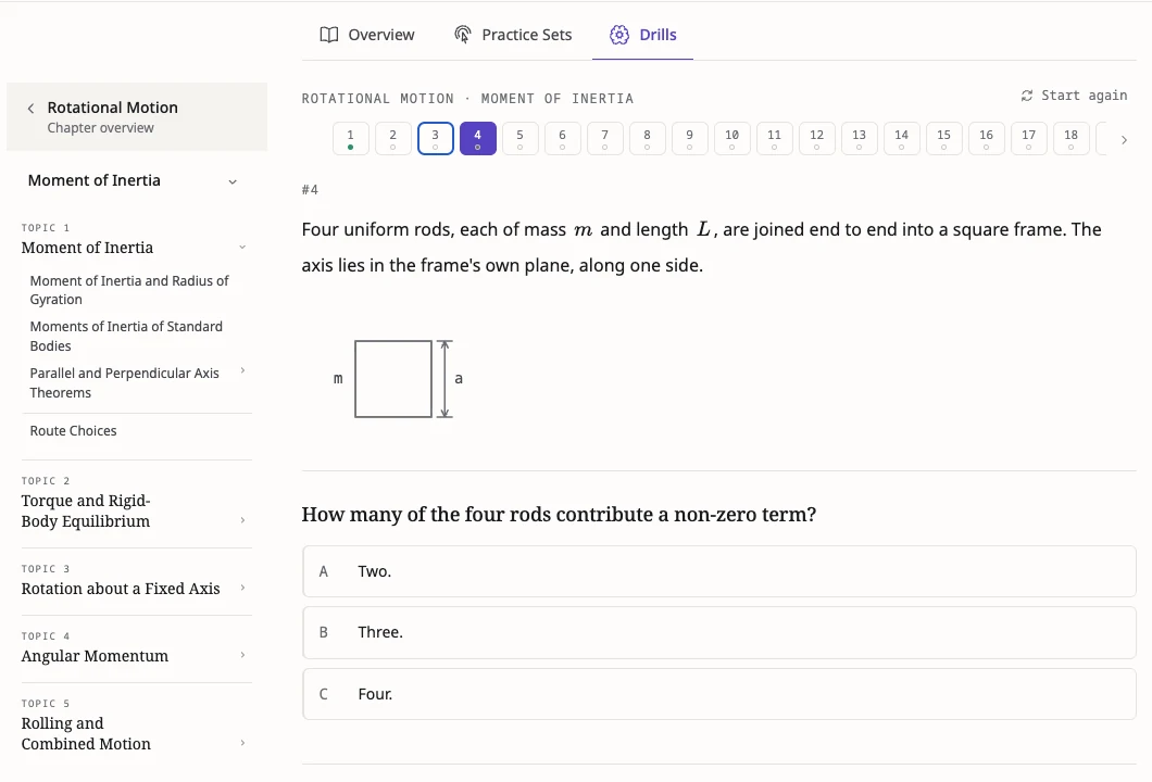The Drills tab: an eighteen-question strip and a short judgement about how many rods of a square frame contribute a non-zero term.
