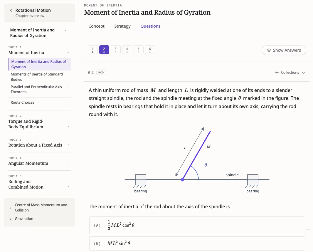 The Questions tab: a six-question strip, a rod welded to a spindle at an angle, its figure, and the multiple-choice options.