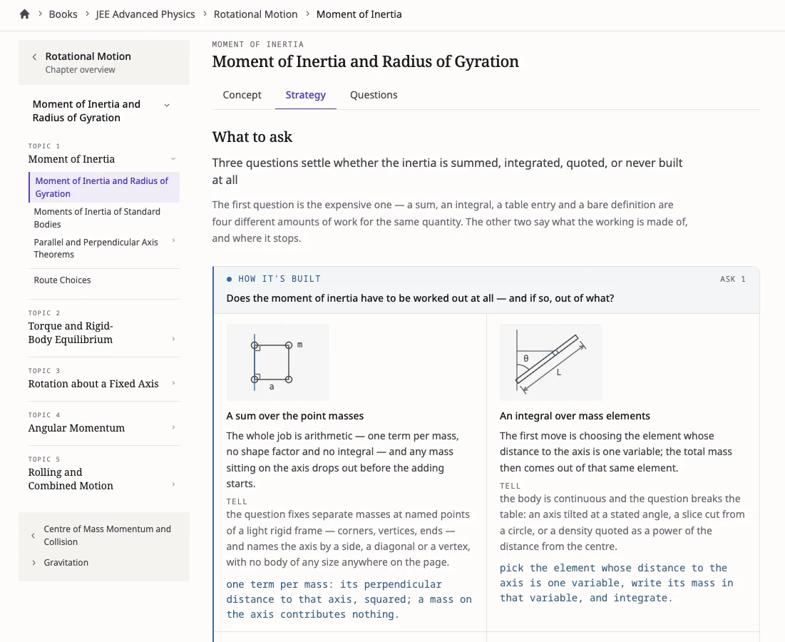The Strategy tab for the same concept: what to ask, and two ways the inertia gets built — a sum over point masses, or an integral over mass elements.