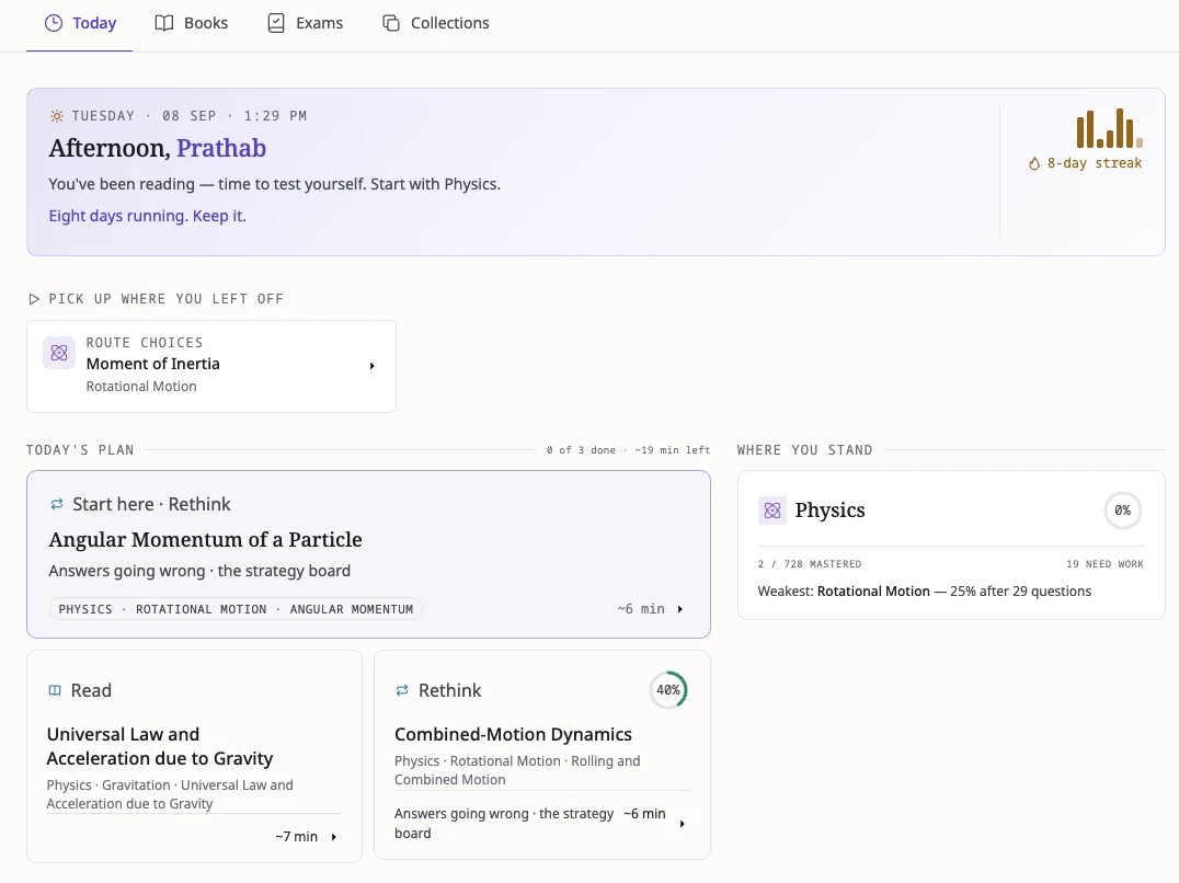 The Today dashboard: an eight-day streak, the concept to pick up where you left off, the day’s three-item plan, and where you stand in physics.
